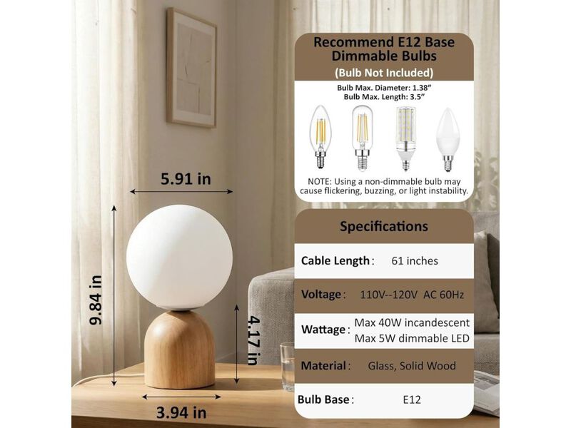 Solid Wood Table Lamp 10 Inch Dimmable Lamp with Glass Globe Shade image number 2