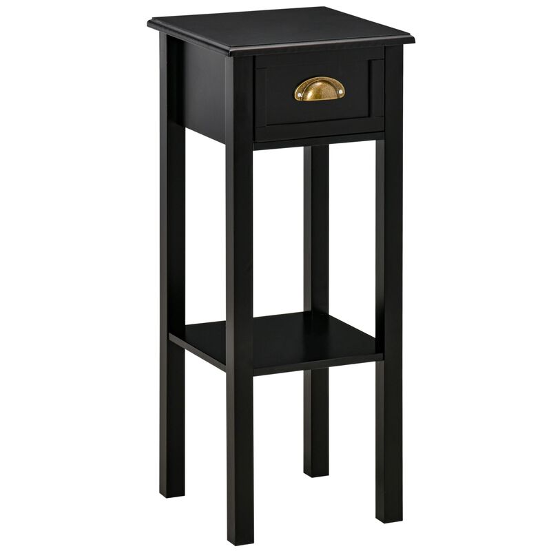 Black Slim Nightstand: 2-Tier Side Table with Drawer for Space Saving