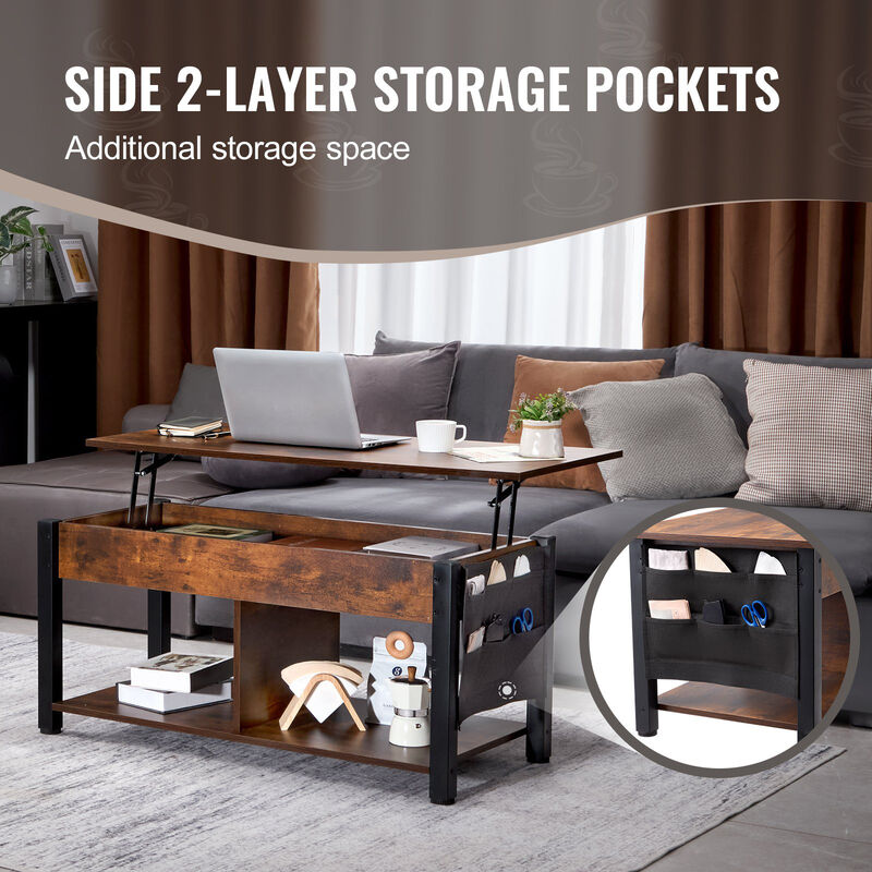 Rectangle Coffee Table with Hidden Compartments and Open Shelf for Living Room