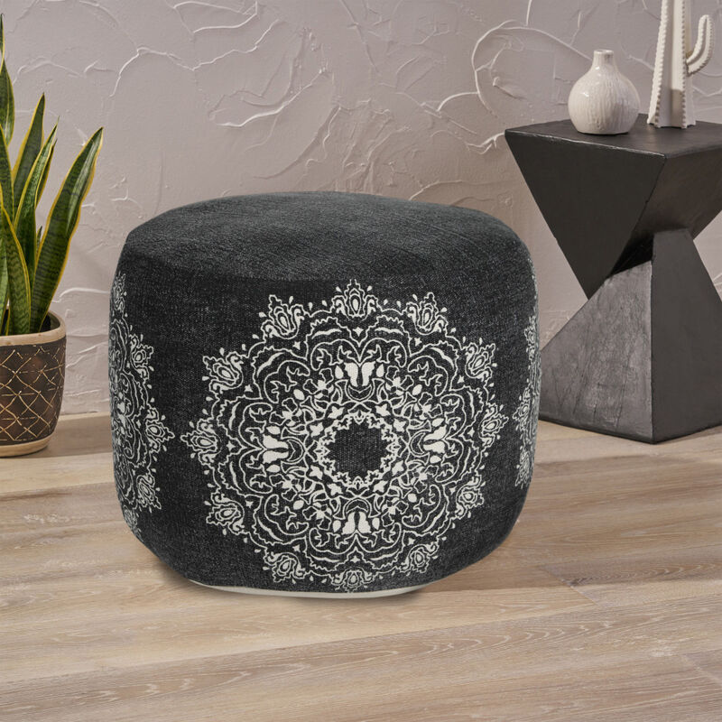 Hivvago 18 Inch Black Cotton Cylinder Medallion Pouf Ottoman