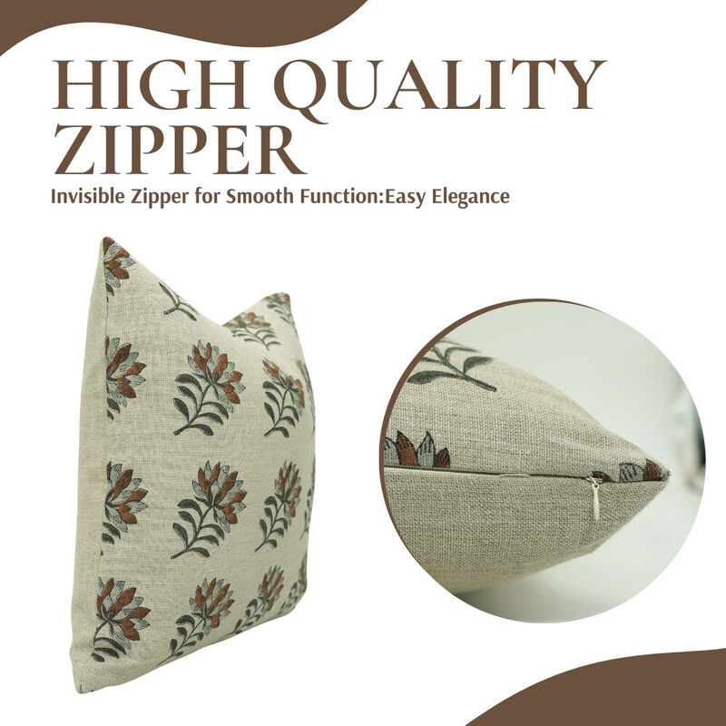 Fabdivine Artisan Linen Throw Brown Pillow Cover Boho Cushioncase with Floral Handblock Print for Sofa, Bed, Couch, Indoor D&eacute;cor, Shehnaaz image number 2