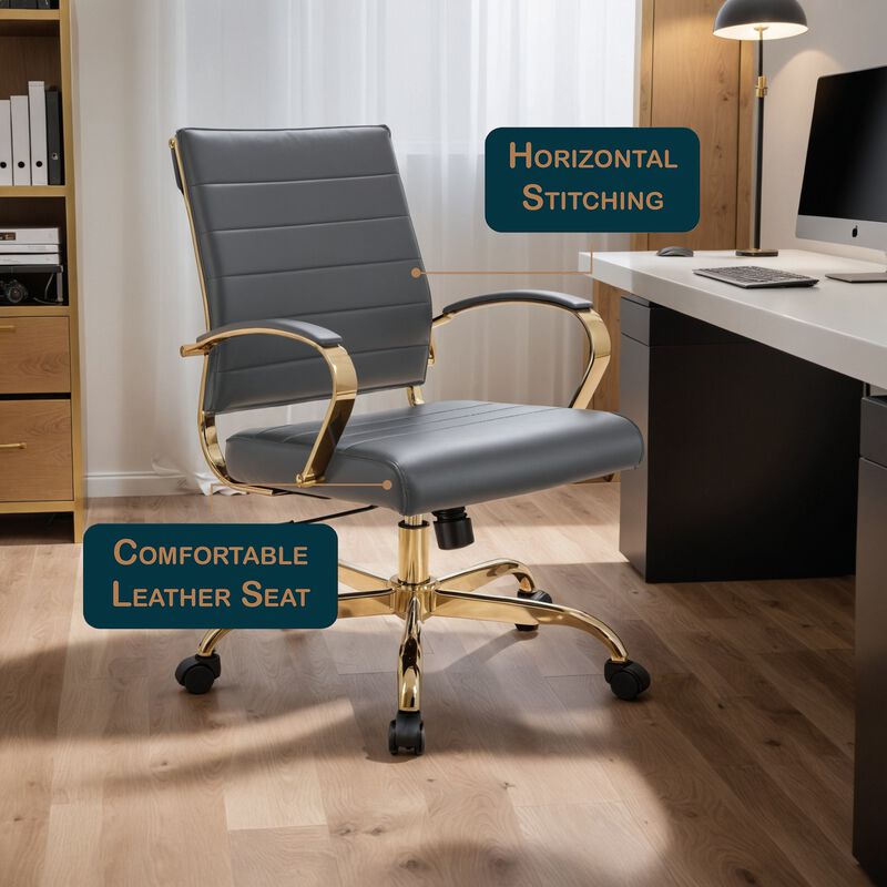 LeisureMod Benmar Leather Office Chair with Gold Accents, Adjustable Height, Swivel Base, Ergonomic Design for Home Office, Study, or Workspace