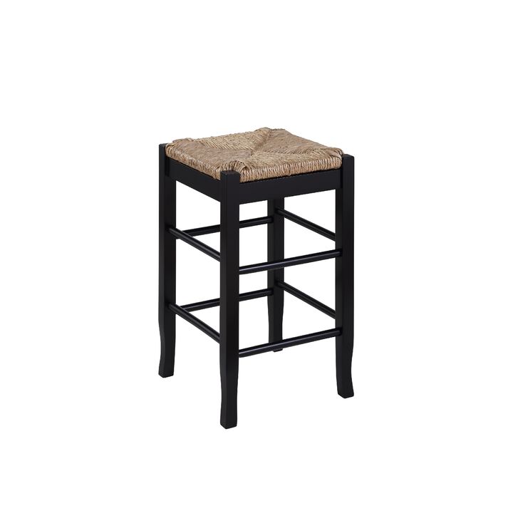 Chris 24 Inch Counter Stool with Wood Frame, Handwoven Rush Seat, Black