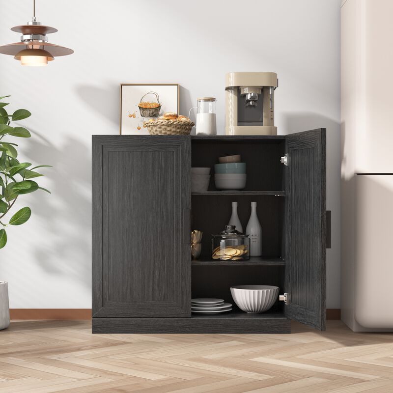 Wood Accent Cabinet in Black, Storage Organizer with Adjustable Shelves and Glass Doors