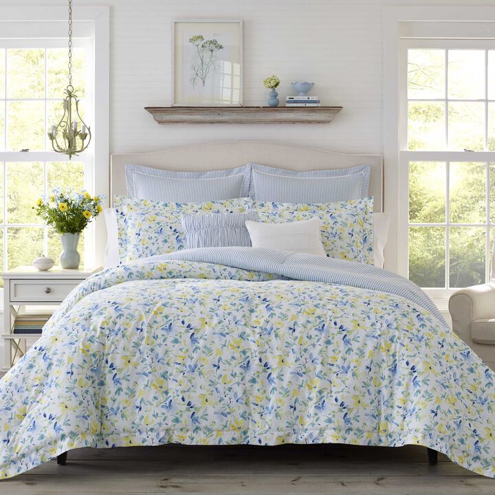 Laura Ashley Comforter, Soft Reversible Bedding Set, Includes Matching Bonus Euro Shams & Throw Pillows, Queen, Nora Blue/Yellow