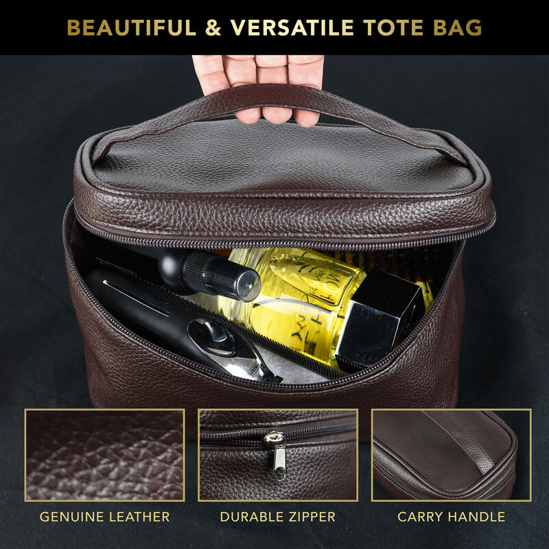 Luxury Spa Kit for Men - Sandalwood Bath Set - Personal Care Kit in Brown Leather Cosmetic Bag