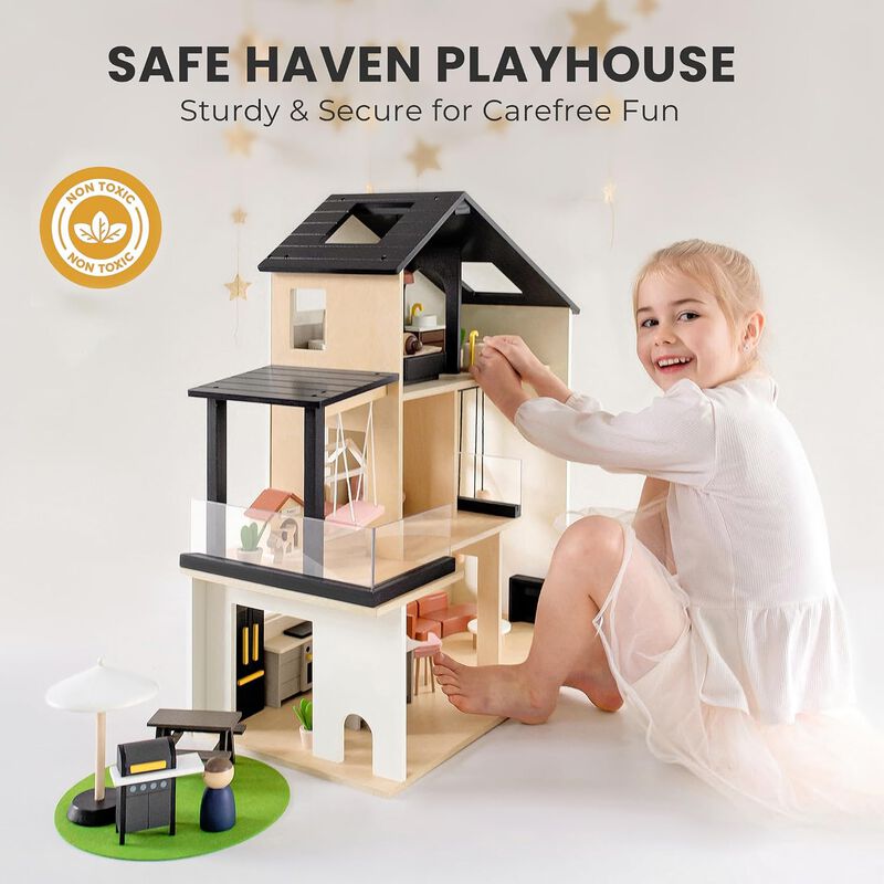 Wooden Doll House, Modern Family Dollhouse with Realistic Design - 7 Rooms Dollhouse with 53 PCS Accessories, Montessori Pretend Play Toddler Toy image number 7