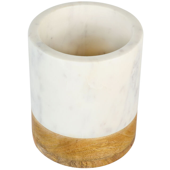 Laurie Gates California Designs 6.5 Inch White Marble and Mango Wood Utensil Crock