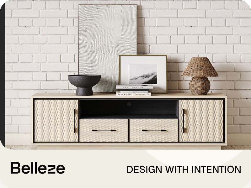 BELLEZE 68" Embossed TV Stand For Tv Up to 75", Mid Century Modern Entertainment Center with Storage & 2 Drawers, Media Console Cabinet for Living Room (White Lotus)