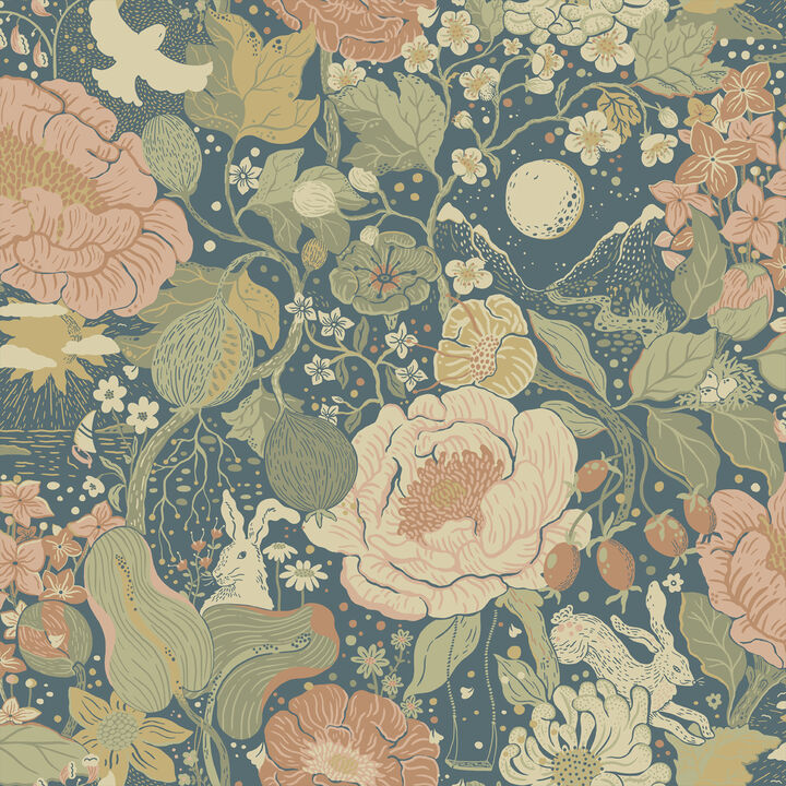 V&Atilde;&curren;xa Teal Rabbits & Rosehips Wallpaper