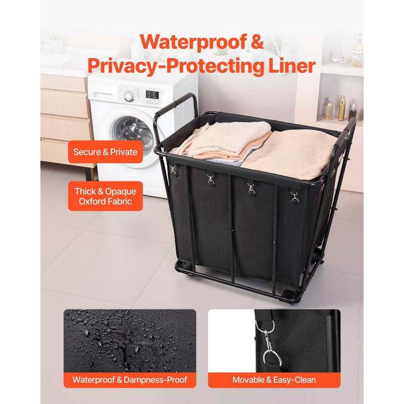 Rolling Utility Shopping Cart with Waterproof Liner, Heavy Duty Basket for Laundry & Storage-Black image number 5