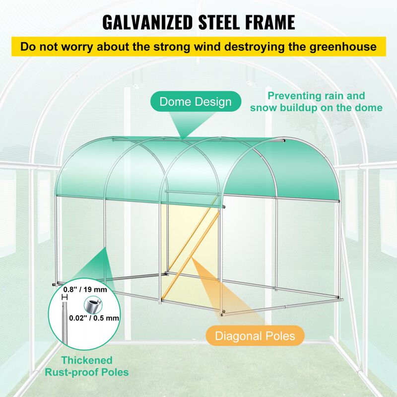 Outdoor Walk-In Greenhouse with Zippered Door, Roll-Up Windows and Steel Frame-Green image number 6