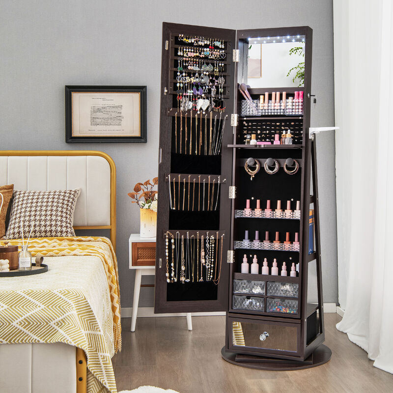 Lockable 360&deg; Swivel Jewelry Cabinet with Full-Length Mirror LED Lights