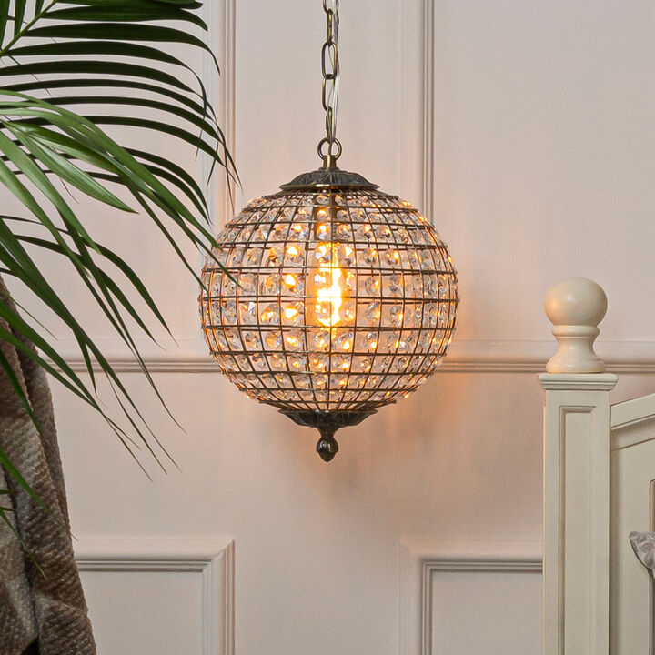 1-Light W12 in. Retro Antique Gold Globe Chandelier Small Crystal Vintage Cage-Style Shade Pendant Light for Kitchen Island