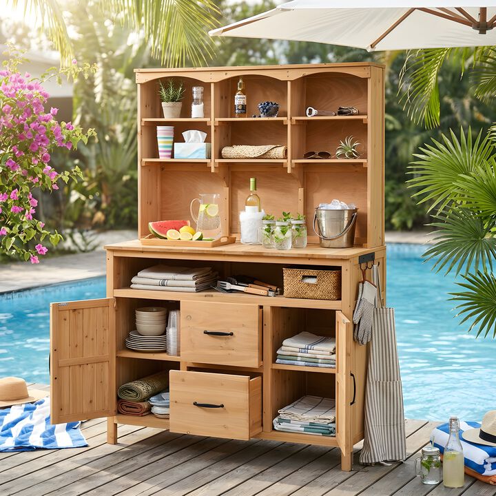 Whisen 45" Solid Fir Wood Potting Table with Hutch, 2 Drawers & Hooks, Rustic Outdoor BBQ Prep Station