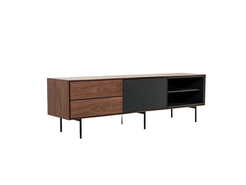 2 Drawer TV Stand with 1 Door and 2 Open Compartments, Gray and Brown - Benzara
