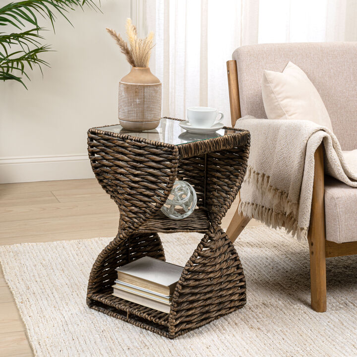 Suraya Coastal Bohemian Handwoven Water Hyacinth Sculptural Twisted End Table with Glass Top and Storage Shelf