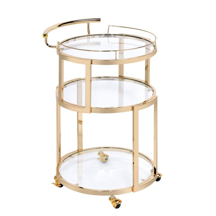 Three Tiered Metal Serving Cart with Glass Inserted Shelves and Curved Side Handle, Gold-Benzara
