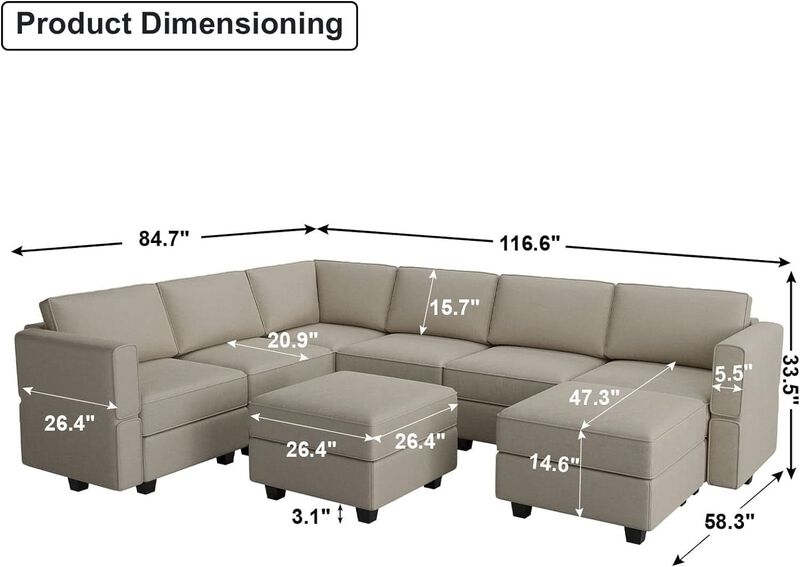 ShipItFurniture Modular U-Shaped Sectional Sofa Grey Velvet with Storage image number 6