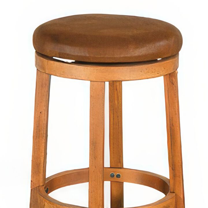 Marv Swivel Barstool Set of 2, Brown Faux Leather, Mahogany Wood - Benzara