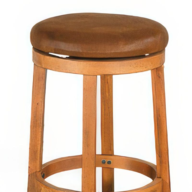 Marv Swivel Barstool Set of 2, Brown Faux Leather, Mahogany Wood - Benzara