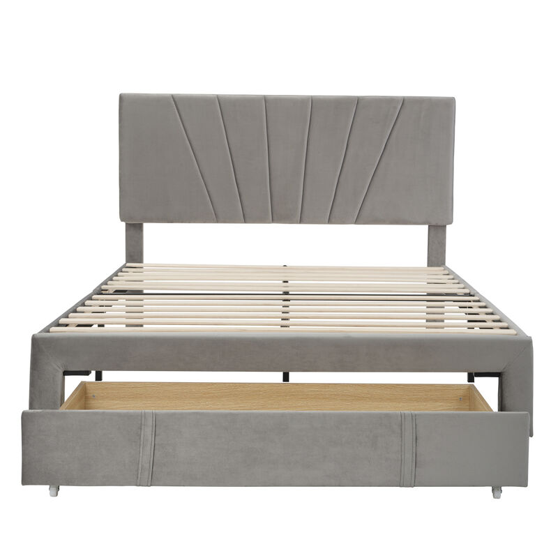 Queen Size Storage Bed Velvet Upholstered Platform Bed with a Big Drawer