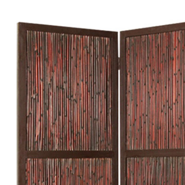 72 Inch 3 Panel Privacy Screen, Hardwood Frame, Bamboo Strips, Brown, Red - Benzara