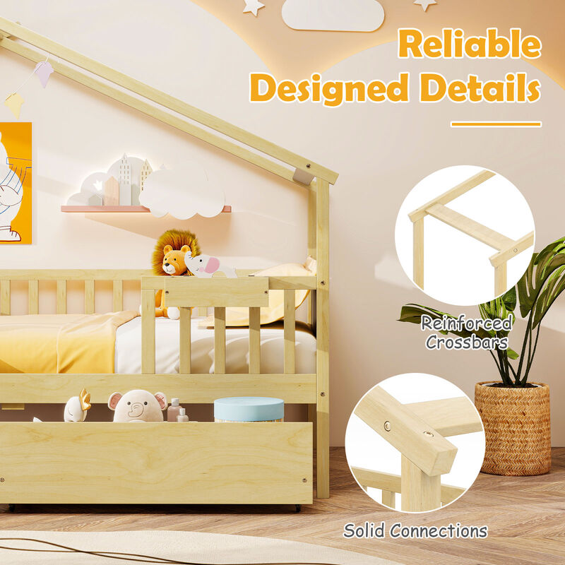 Twin Size House Bed with Roof, Fence Rails and 2 Storage Drawers image number 4