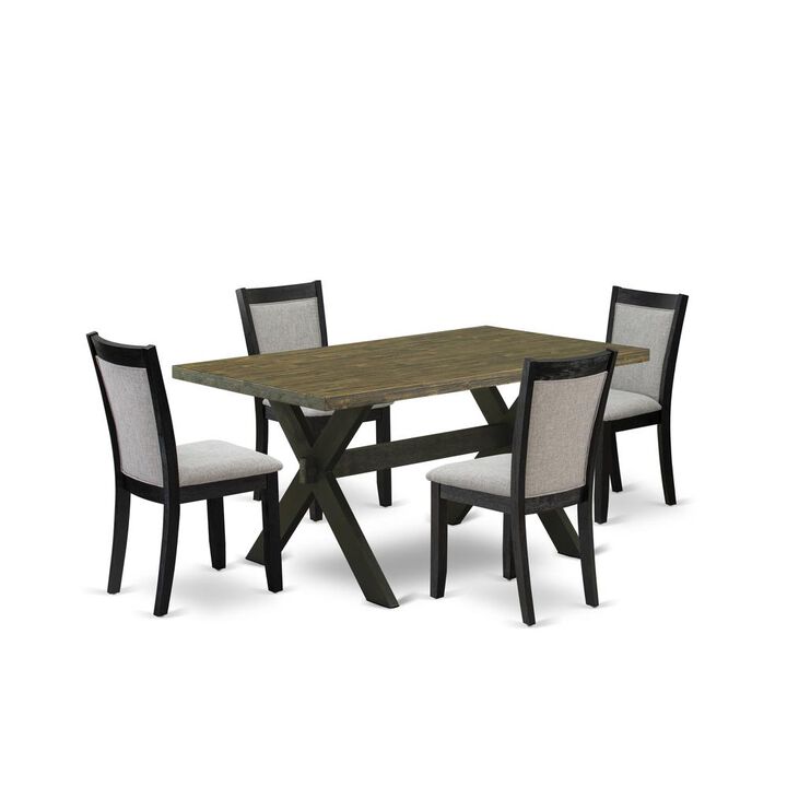X676MZ606-5 5 Piece Dinette Set - Distressed Jacobean Table with 4 Shitake Linen Fabric Kitchen Chairs - Wire Brushed Black Finish