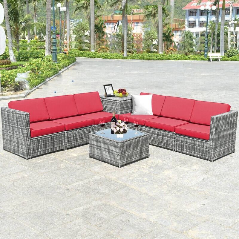 Mondawe 8 Pieces Wicker Sofa Rattan Dining Set Patio Furniture with Storage Table