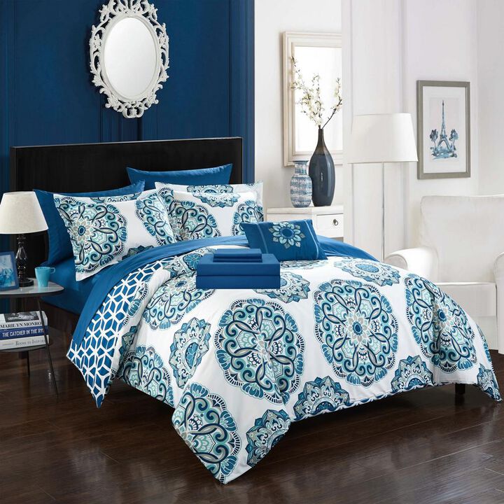 Chic Home Medallion Modern Pattern Microfiber 6/8 Pieces Comforter Bed In A Bag Sheet Set & Decorative Shams - King 106x92, Blue