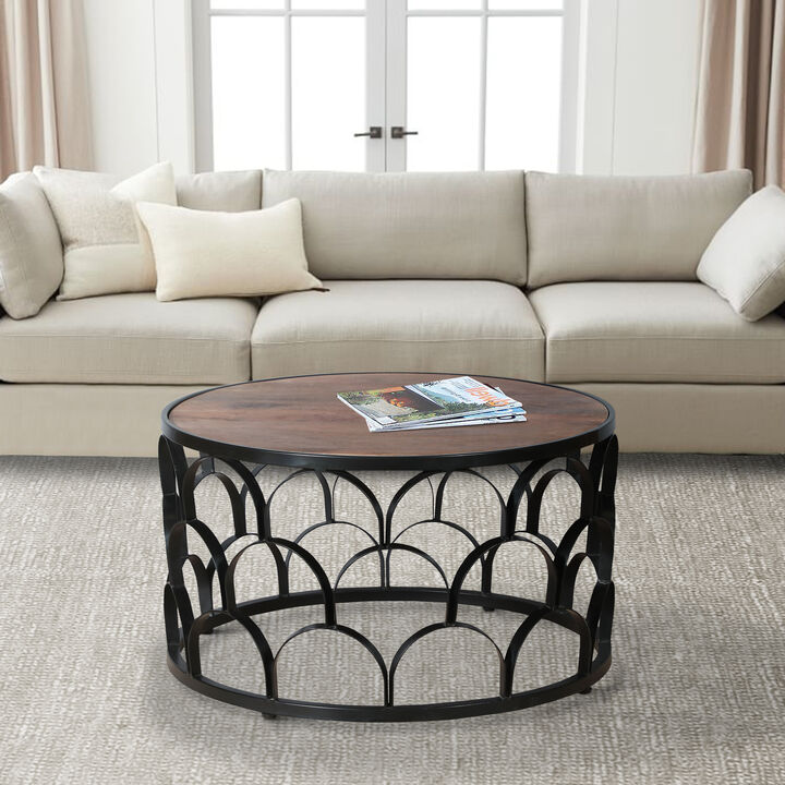 Dex 32 Inch Round Coffee Table, Mango Wood Top, Lattice Cut Out Metal Frame, Brown, Black