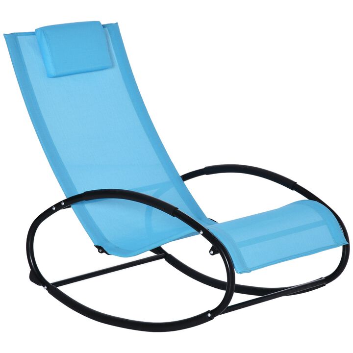 Patio Rocking Chair, Outdoor Chaise Lounger with Headrest Pillow and Breathable Fabric for Backyard, Living Room, Deck, Light Blue