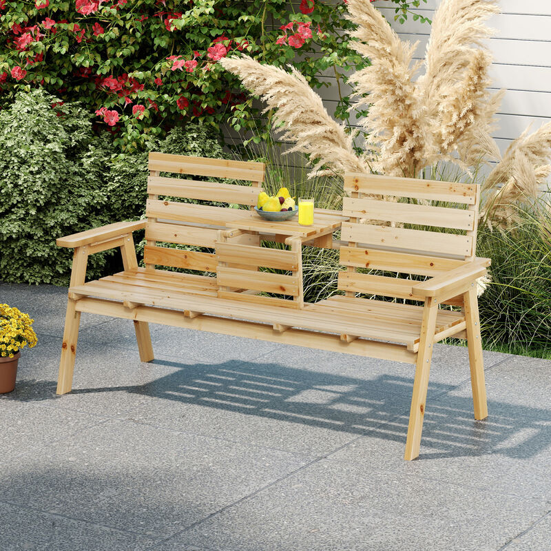 Patio Fir Wood Bench with Convertible Fold-Down Middle Table. image number 1