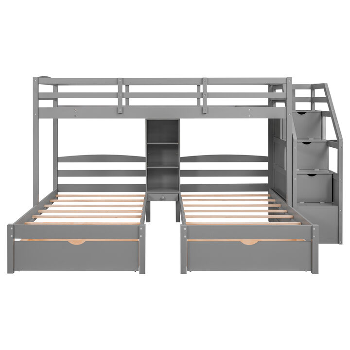 Whisen Twin over Twin Bunk Bed with Drawers, Slide & Shelves, Solid Pine for Kids Bedroom