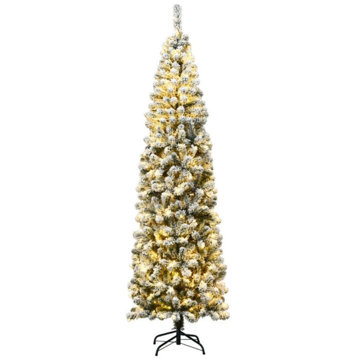 Hivvago 7.5 Feet Pre-lit Snow Flocked Artificial Pencil Christmas Tree with LED Lights