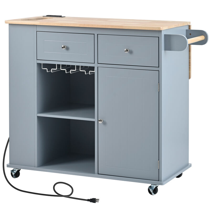 Whisen Modern Kitchen Island with Drop Leaf and Wheels - Grey Blue