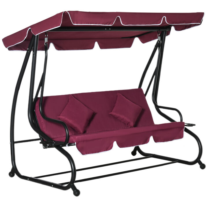 Outsunny 3-Seat Outdoor Patio Swing Chair, Converting Flatbed, Outdoor Swing Glider with Adjustable Canopy, Removable Cushion and Pillows, for Porch, Garden, Poolside, Backyard, Red