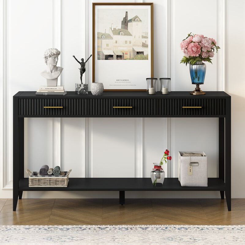 Clihome 60 Inch Console Table with 3 Wavy Drawers, Modern Entryway Table with Metal Handles and Storage Shelf