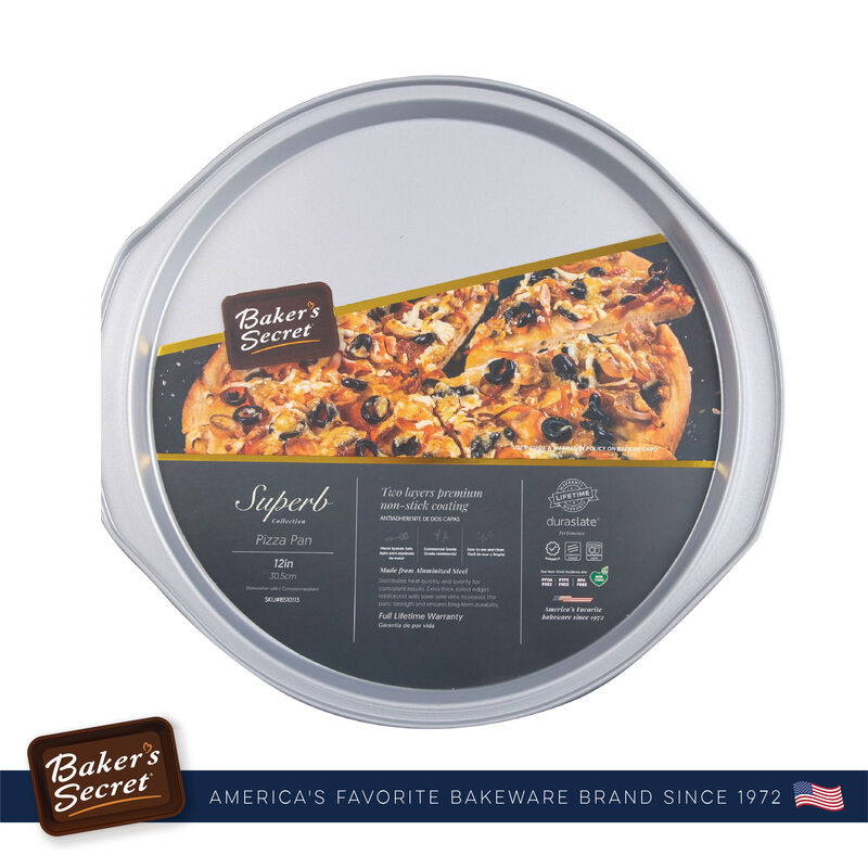 Baker's Secret 14" Pizza Pan, 12" inner, Aluminized Steel, Double Layers Nonstick Coating, Silver, Superb Collection