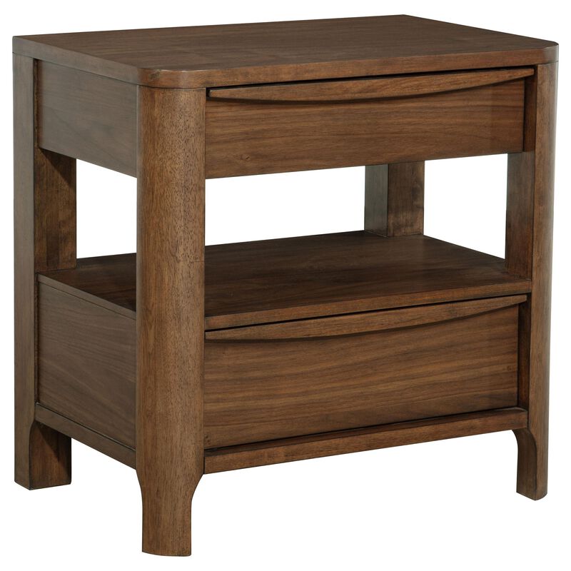 Rie Nightstand w 2 Drawers and Lower Shelf, Walnut Brown Poplar Wood - Benzara