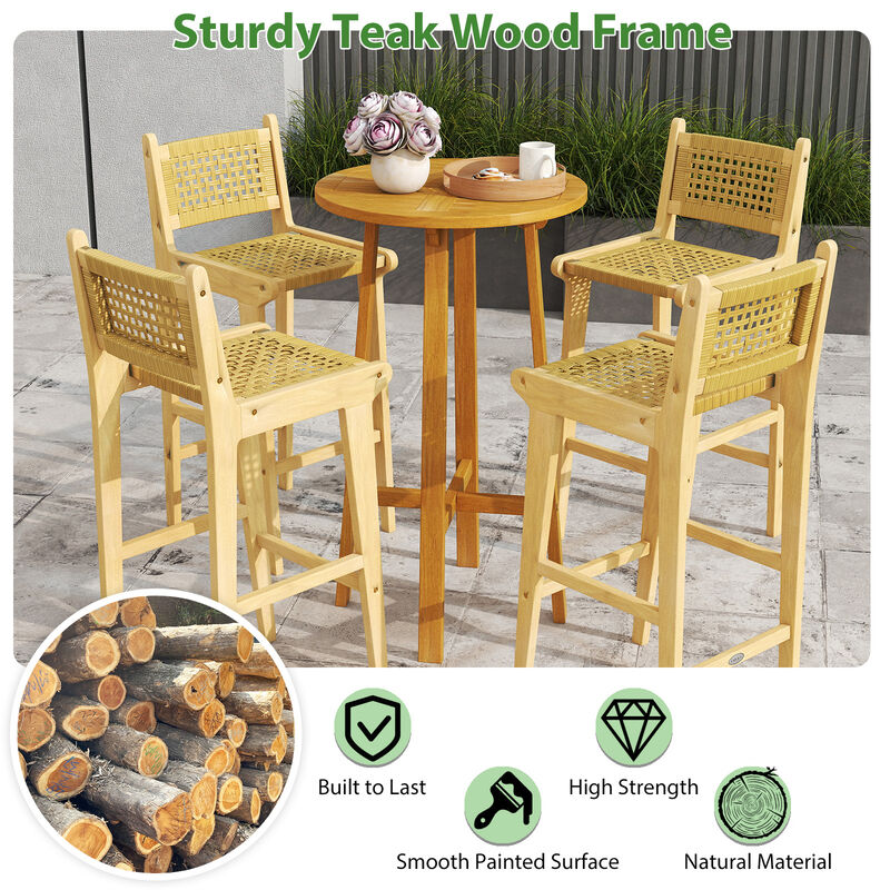 Teak Wood Bar Stool with Rattan Backrest and Seat, Perfect for Patio or Outdoor Bar