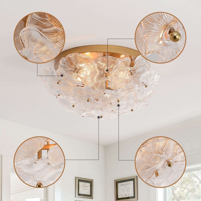 Estrella 4-Light Brushed Brass Flower Crystal Glass Flush Mount image number 4
