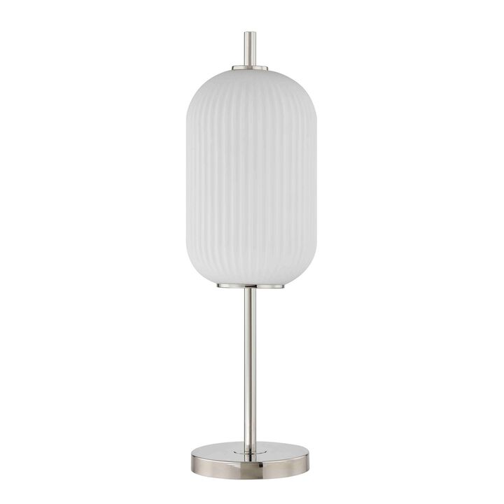 Aimy 27 Inch Table Lamp, LED Glass Shade, Metal, Chrome and White Finish - Benzara