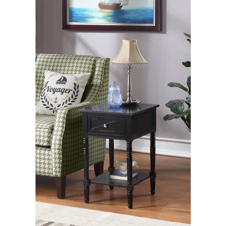 Convenience Concepts Country Oxford 1 Drawer End Table with Charging Station and Shelf, Black