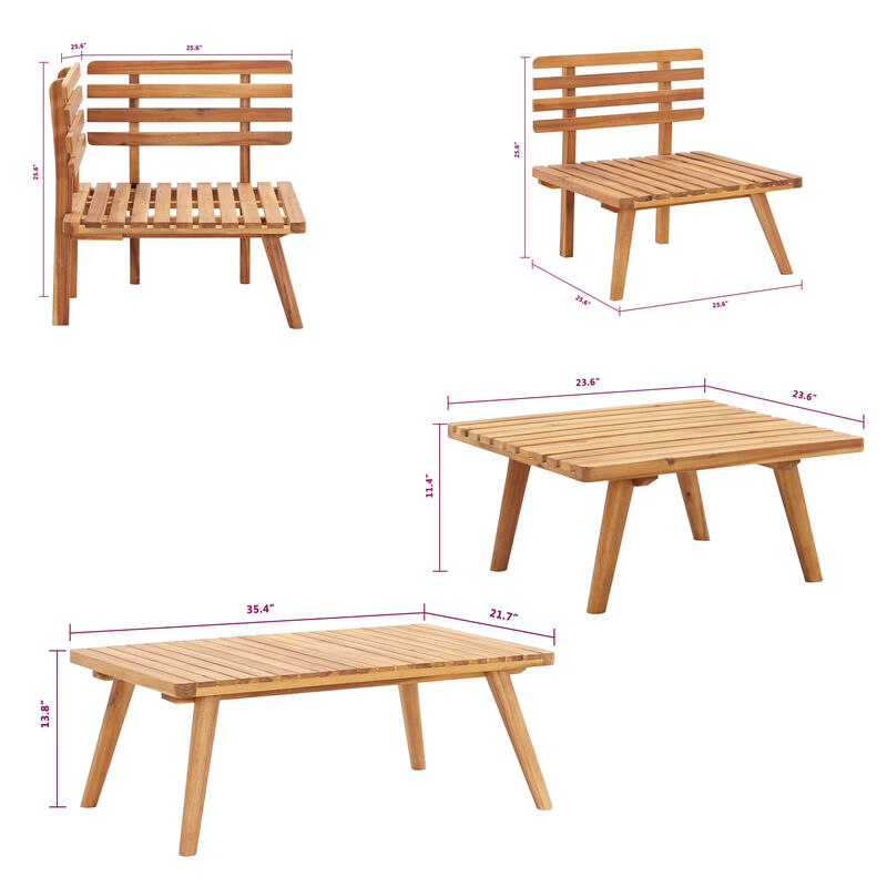 Roma 6pc Modular Outdoor Sofa and Coffee Table Set, Brown Acacia Wood - Benzara