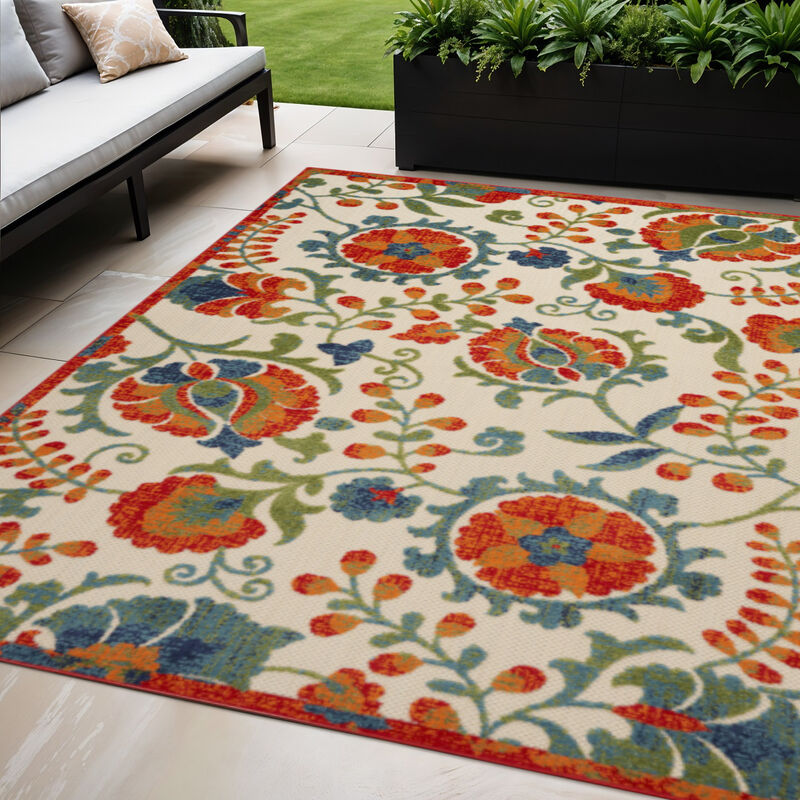 HomeRoots 5' X 8' Red Gold Green And Teal Blue Floral Indoor Outdoor Area Rug image number 1