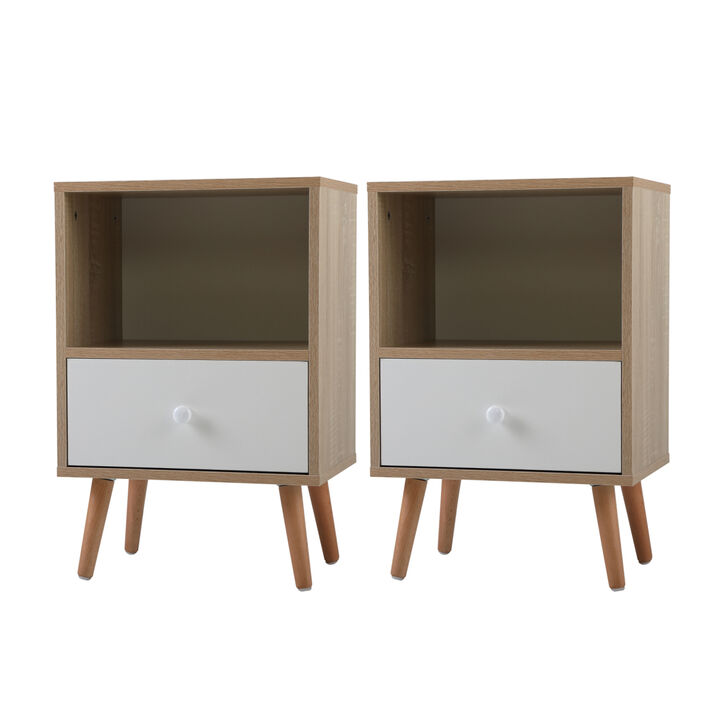 Mid Century Wood Nightstand, Bed Sofa Side Table with Drawer and Shelf, Modern End Table for Living Room Bedroom Office, Set of 2, Natural and White