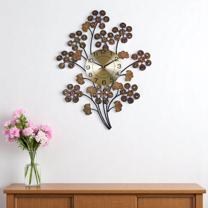 HomeRoots 22" Copper Metal And Faux Crystal Silent Analog Gingko Floral Wall Clock