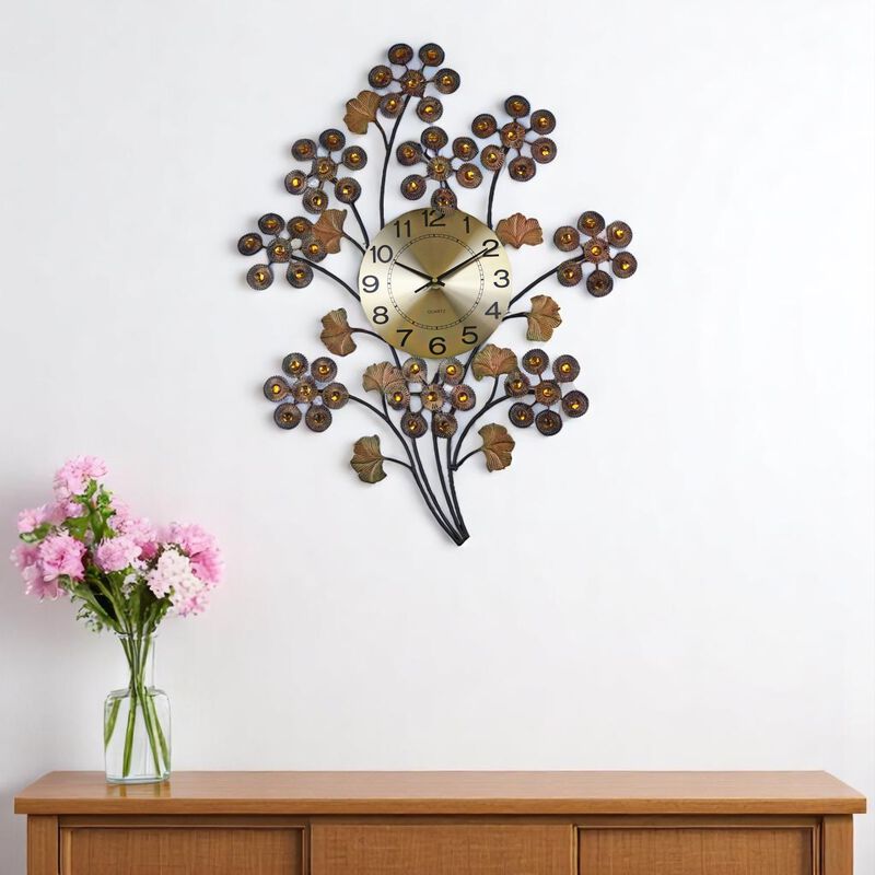 HomeRoots 22" Copper Metal And Faux Crystal Silent Analog Gingko Floral Wall Clock image number 1